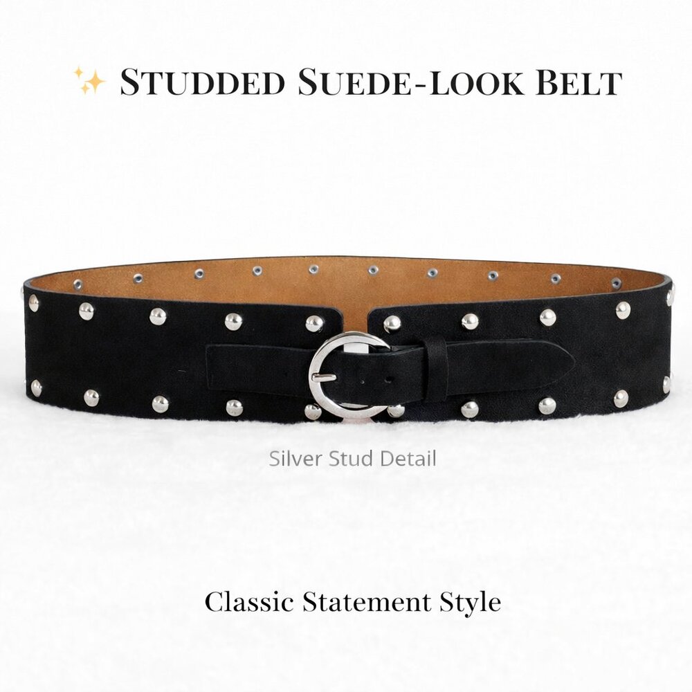 Black Studded Suede-Look Belt Silver Studs Round Buckle Statement Fashion Belt